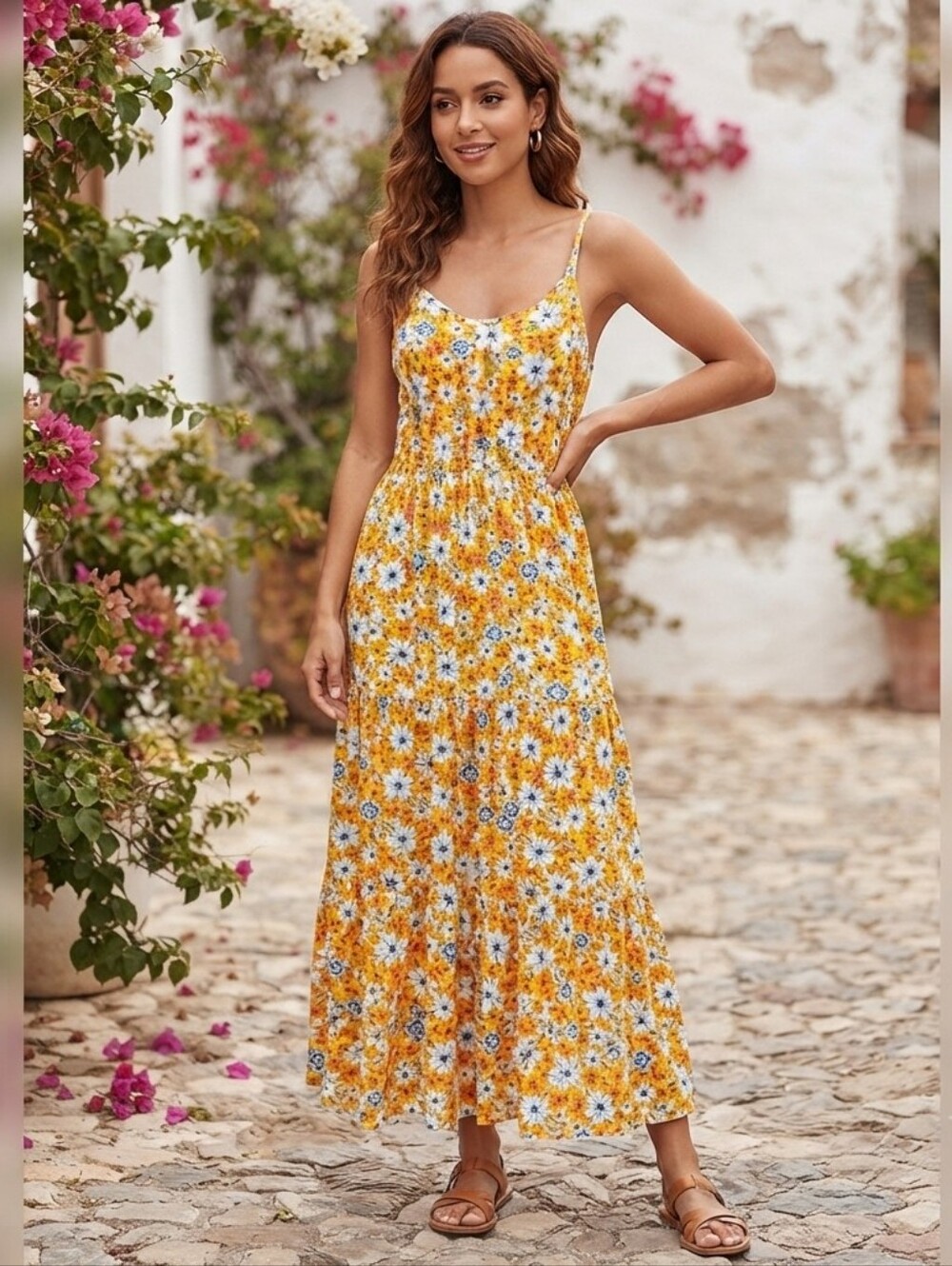 Cg L Cg Medium Yellow Floral Maxi Dress with White, Red, & Blue Blooms
